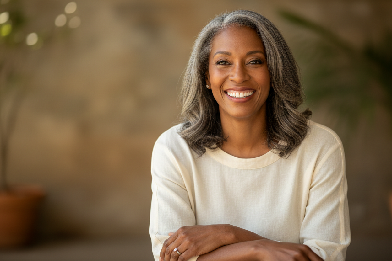 A joyful Black woman in her 50s with natural gray-streaked hair, smiling confidently and radiantly. She exudes happiness and satisfaction with her natural beauty. The setting is soft and warm, with gentle natural light highlighting her glowing skin and serene expression. She wears simple, elegant clothing and the background is minimal and calming, emphasizing her authenticity and graceful confidence.
