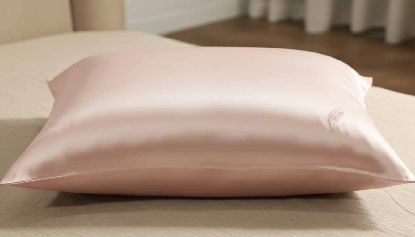 Our interior designer suggests a pink silky pillow on a beige, green or white surface.
